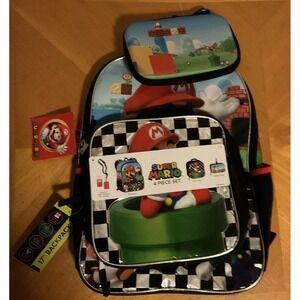 Super Mario Bros Backpack 4pcs Lunch Bag Lanyard Gadget Case Luigi Mario Set 17"